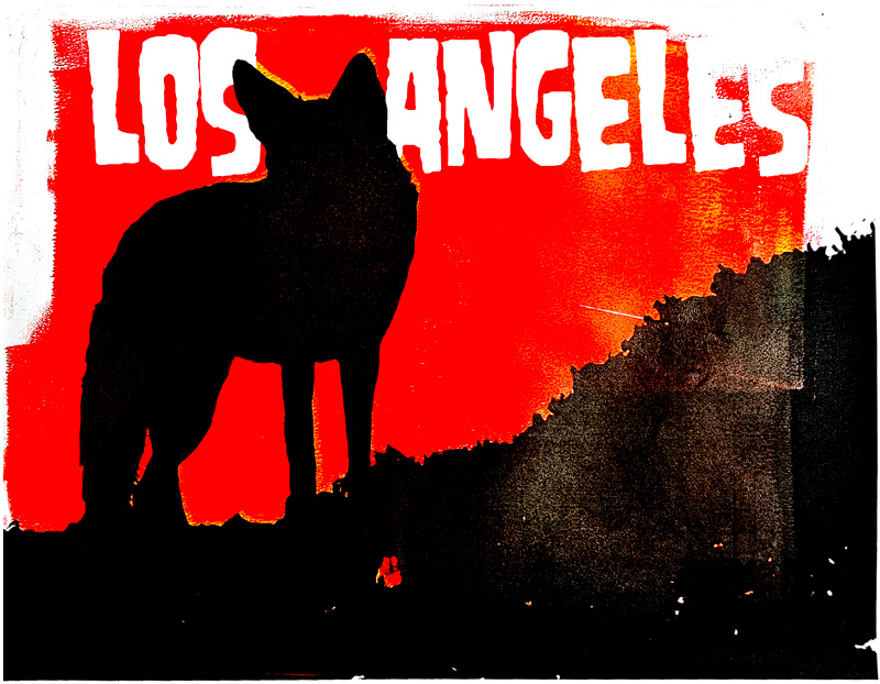 Monotype print of a Coyote in the Verdugo mountains at sunset